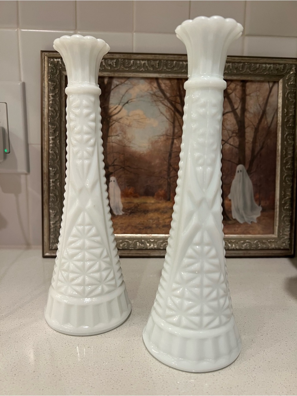 White Milk Glass Bud Vases Pair - Decorative Home Accents